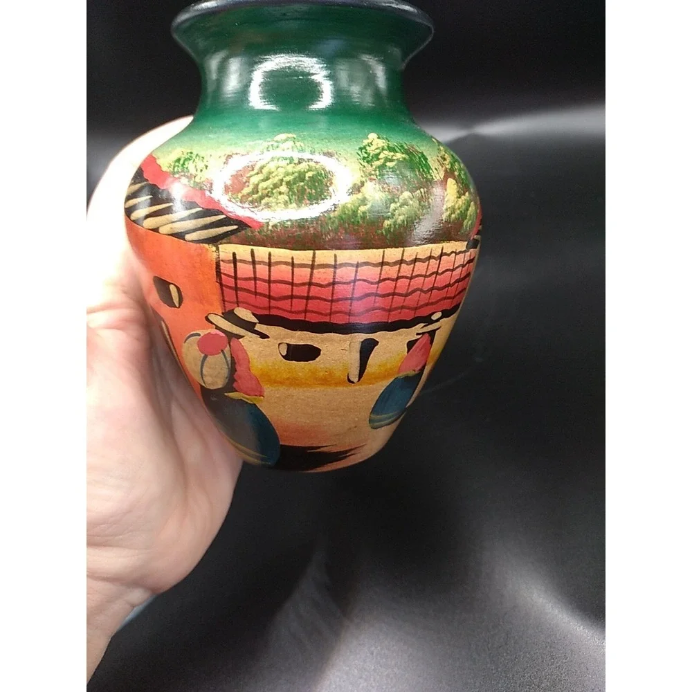 Small Pottery Vase Made In Peru Handpainted Signed Nina 4.75 in tall